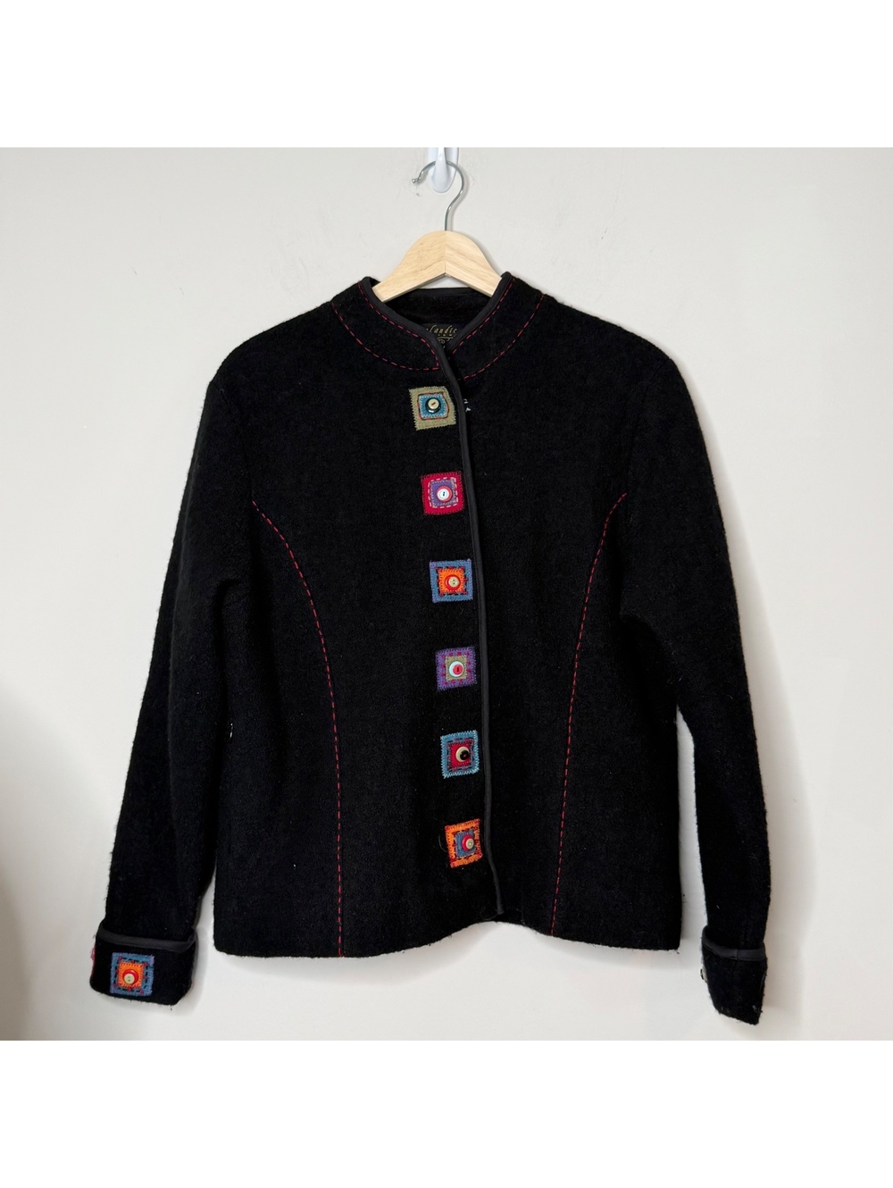 Icelandic Design Black Wool Blend Jacket Colorful Button Artwear Size M
